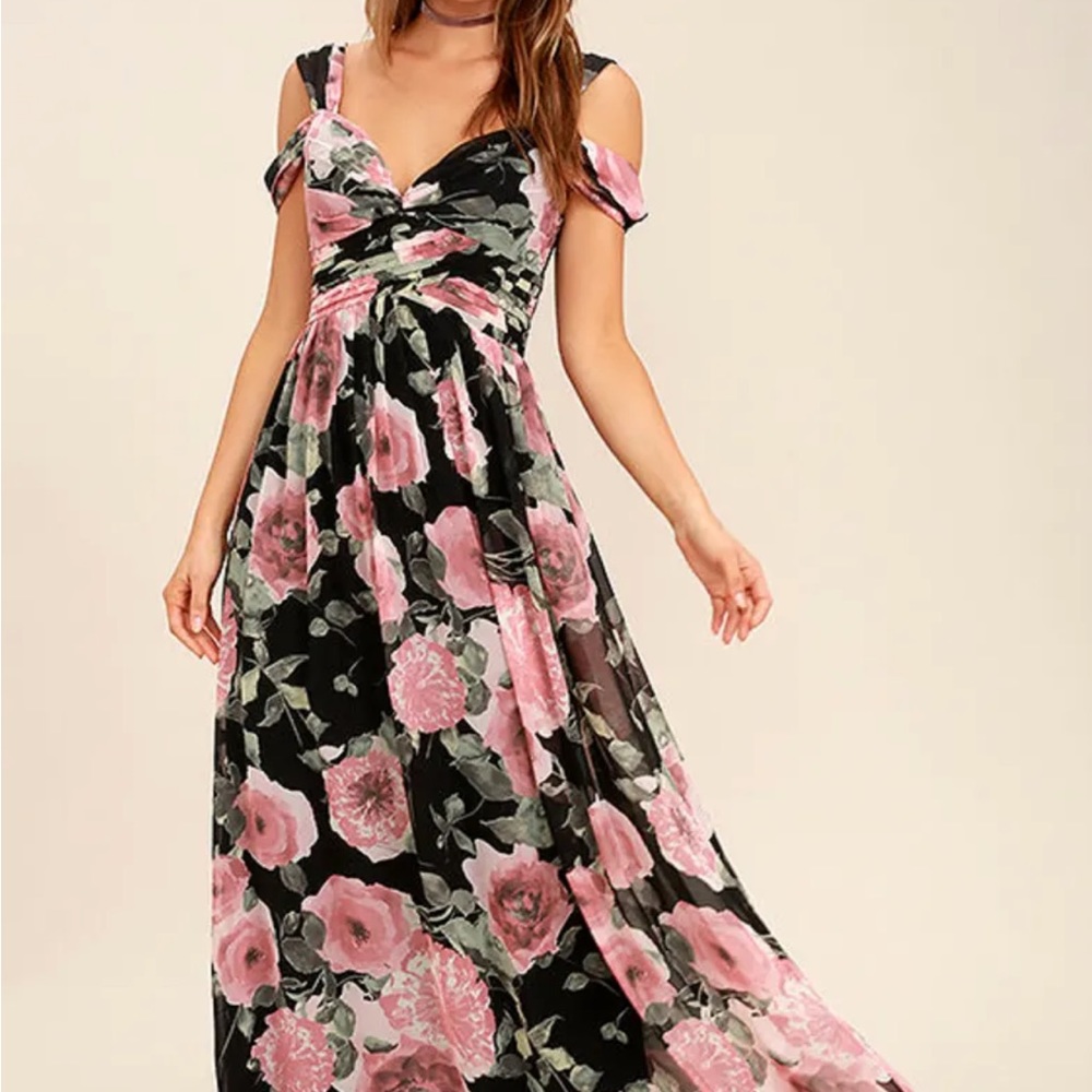 Lulus Give Me Amore Black and Pink Floral Print Maxi Dress